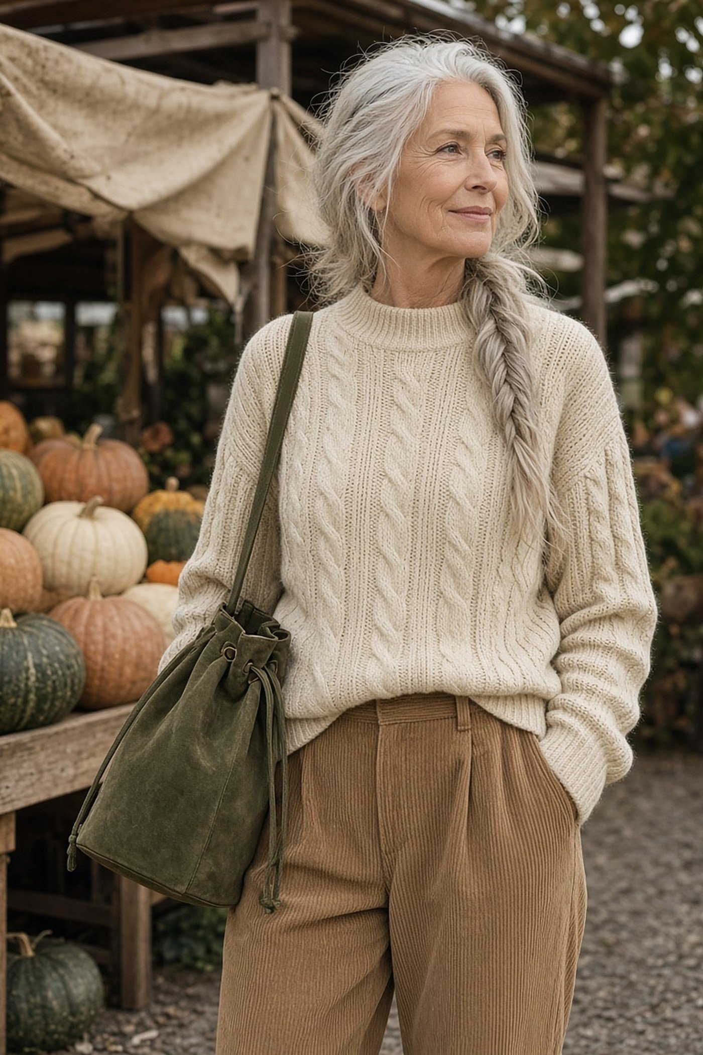 Woman over 60 carrying olive suede bucket bag