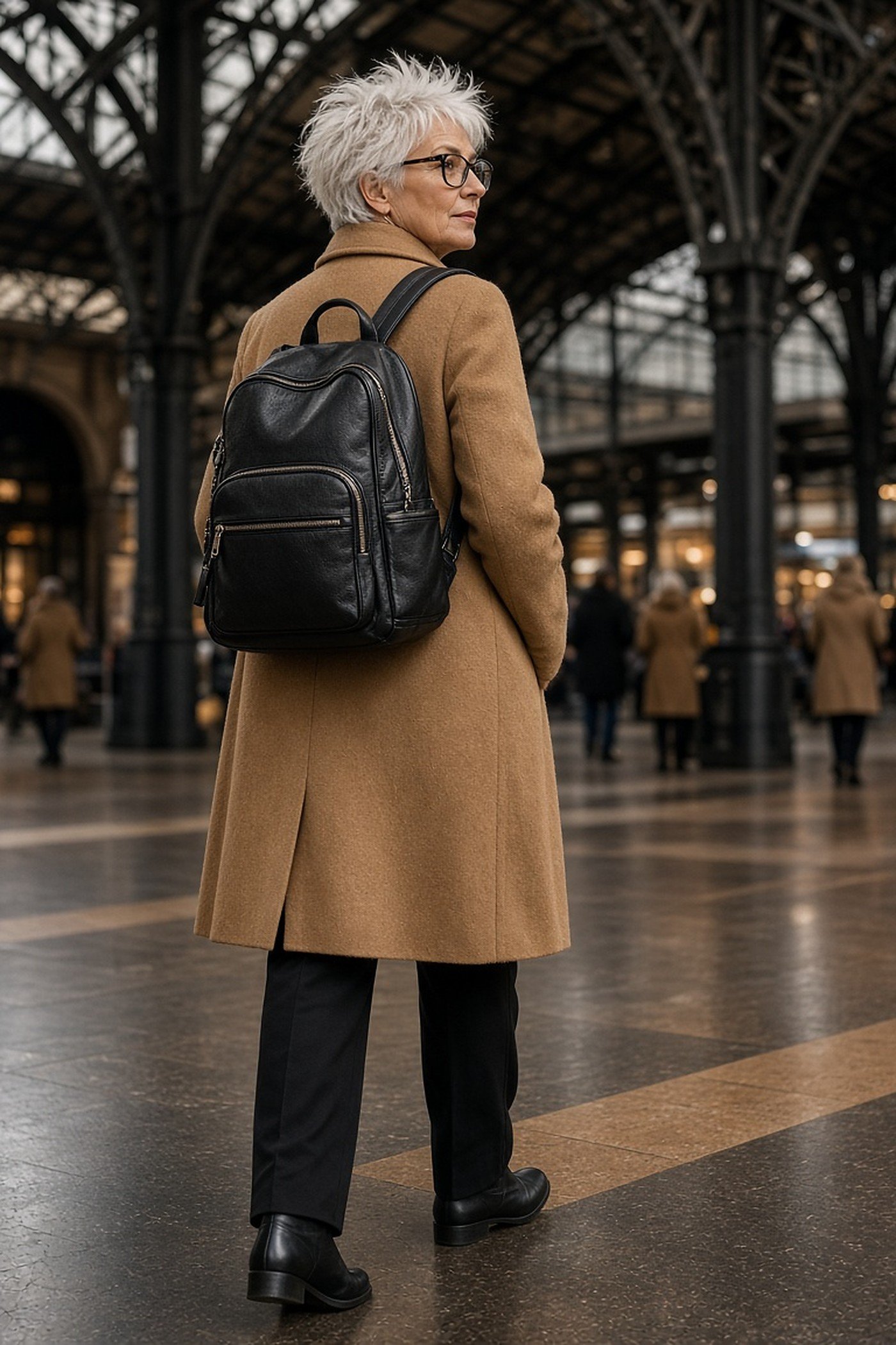 Woman over 60 wearing black leather backpack