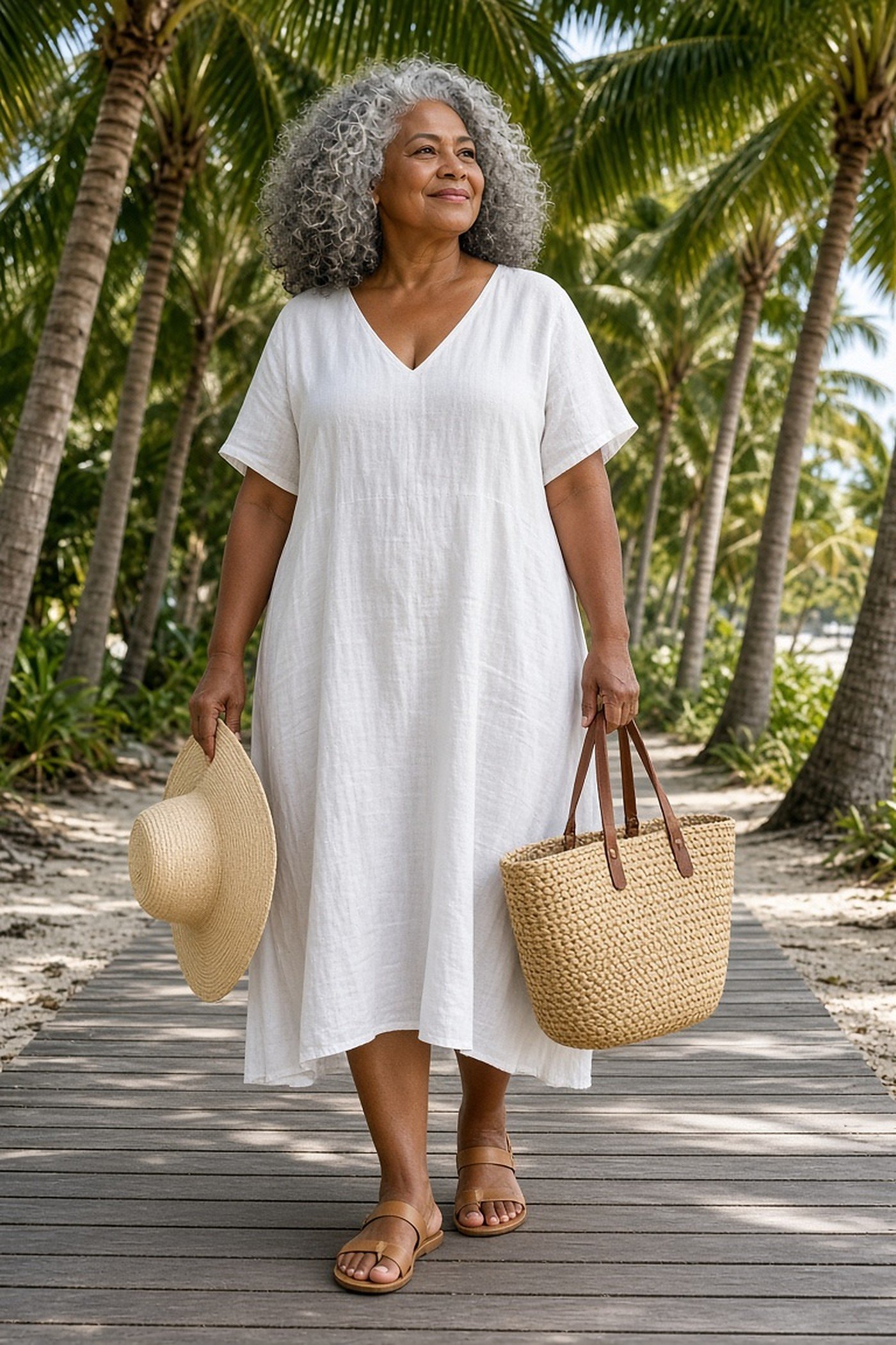 Woman over 60 with woven straw summer bag