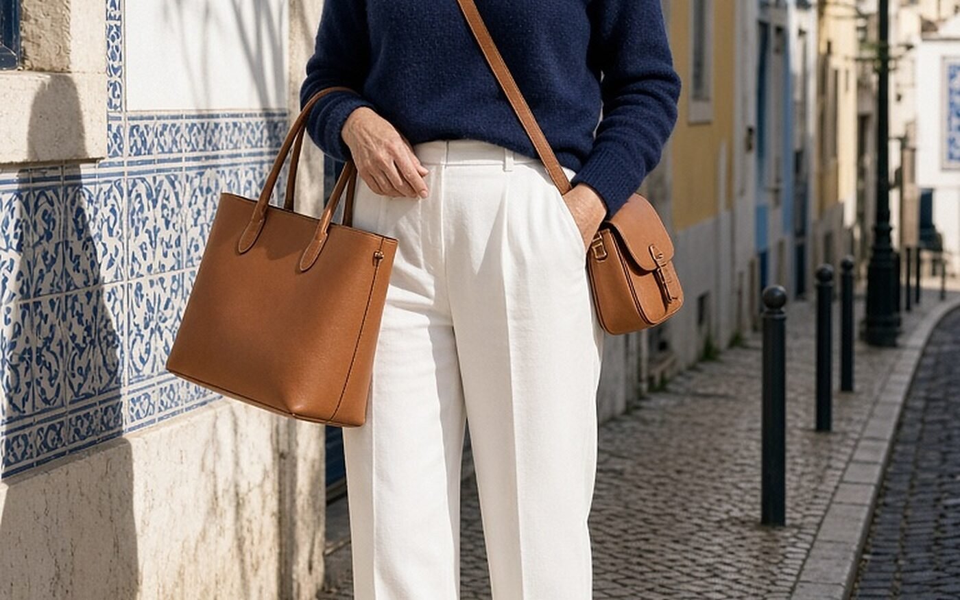 Woman over 60 with tan crossbody bag and structured tote