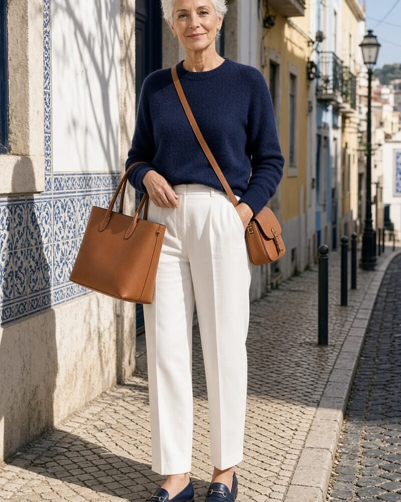 Woman over 60 with tan crossbody bag and structured tote